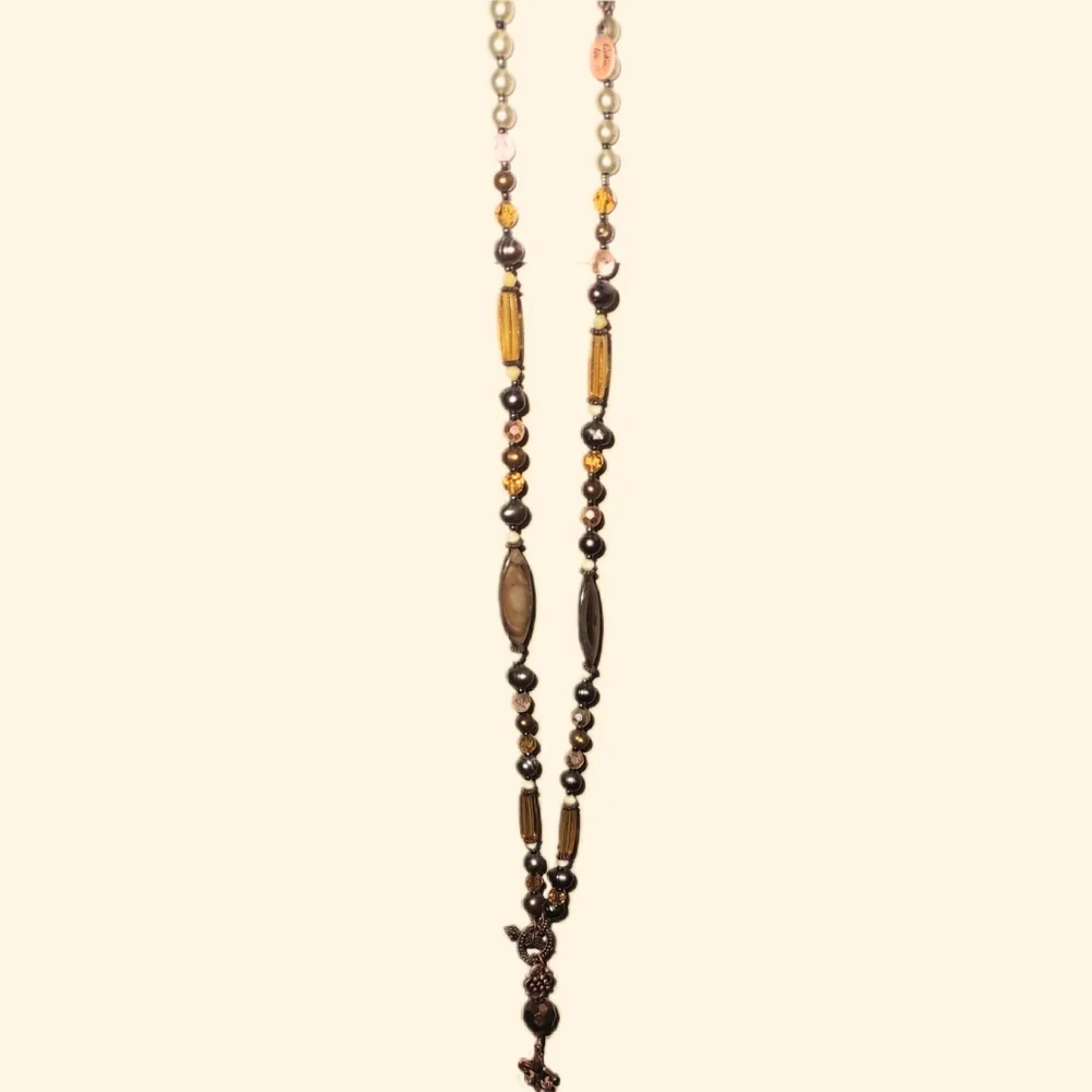 Fleur-de-lis Copper Color Brown & Yellow Gold Bead Necklace Cookie Lee Brand